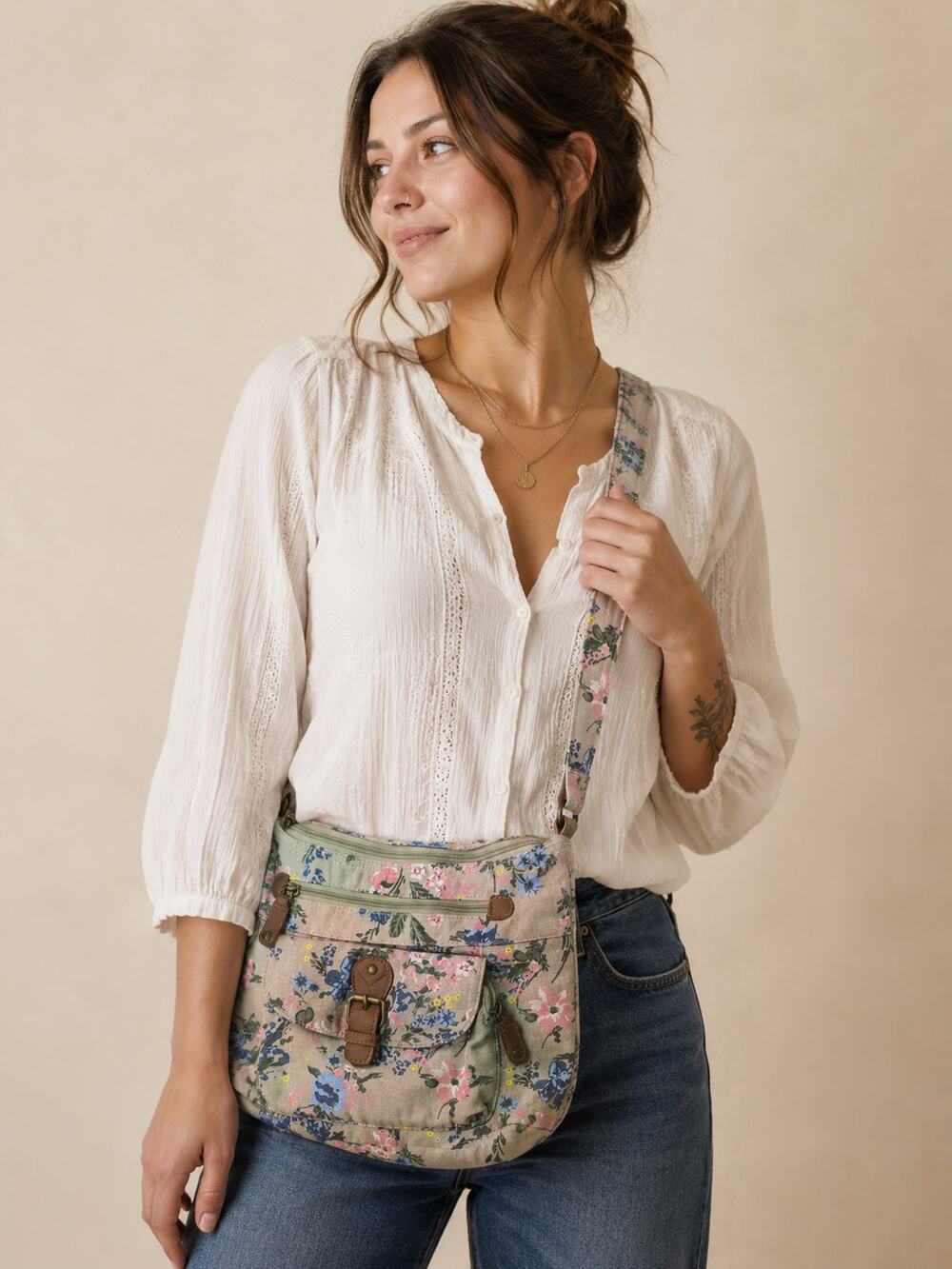 Floral Canvas Crossbody Bag Shoulder Adjustable Strap Cottagecore Boho